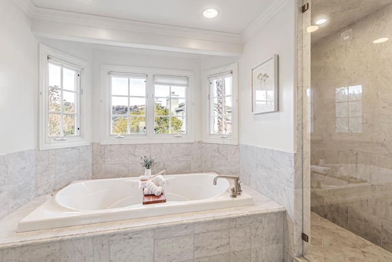 Bathroom, Glass Shower, Interior, Marble Walls, Recessed Lighting
