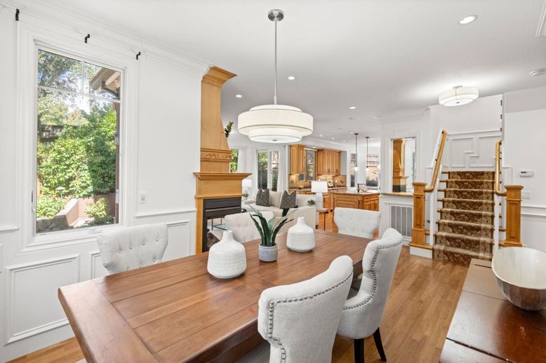 Dining room, Fireplace, Interior, Pendant Lights, Recessed Lighting, Wood Texture Flooring
