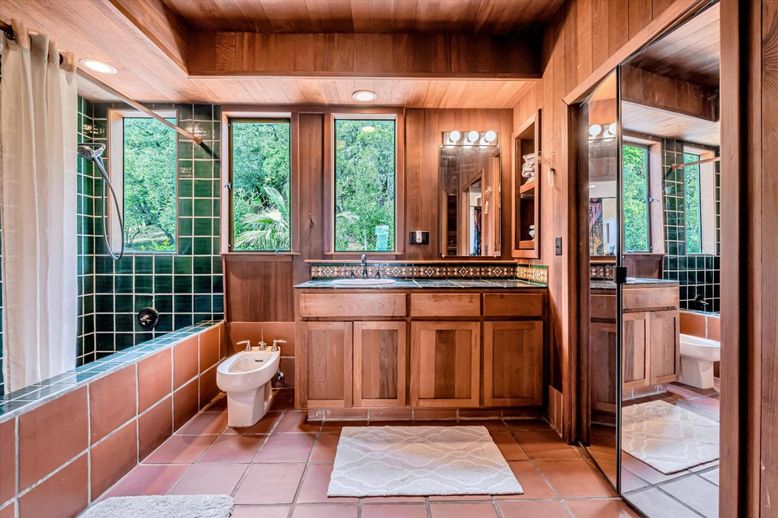 Bathroom, Dual Sink Vanities, Interior, Recessed Lighting, Wooden Ceilings, Wooden Walls