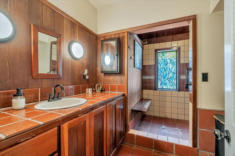 Bathroom, Dual Sink Vanities, Interior, Tile Countertops, Wooden Walls