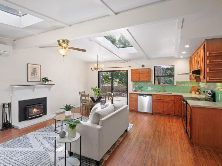 Chandelier, Dining room, Fireplace, Interior, Kitchen, Living room, Recessed Lighting, Wood Texture Flooring