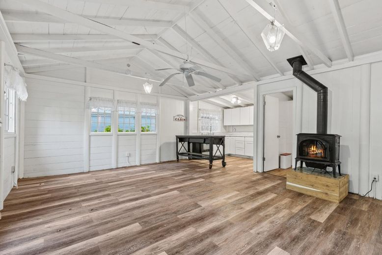 Empty room, Fireplace, Interior, Pendant Lights, Wood Texture Flooring
