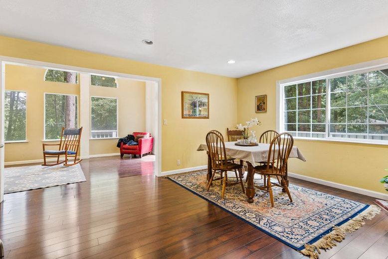 Dining room, Interior, Recessed Lighting, Wood Texture Flooring
