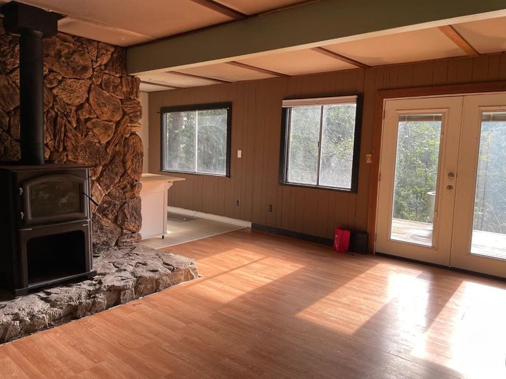 Empty room, Fireplace, Interior, Stone Walls, Wood Texture Flooring