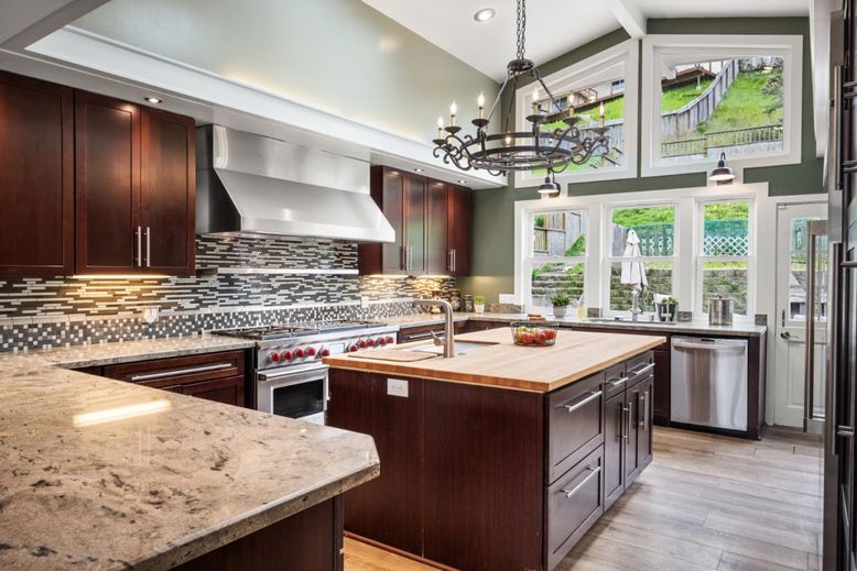 Chandelier, Interior, Kitchen, Pendant Lights, Recessed Lighting, Stainless Steel Appliances, Wood Texture Flooring