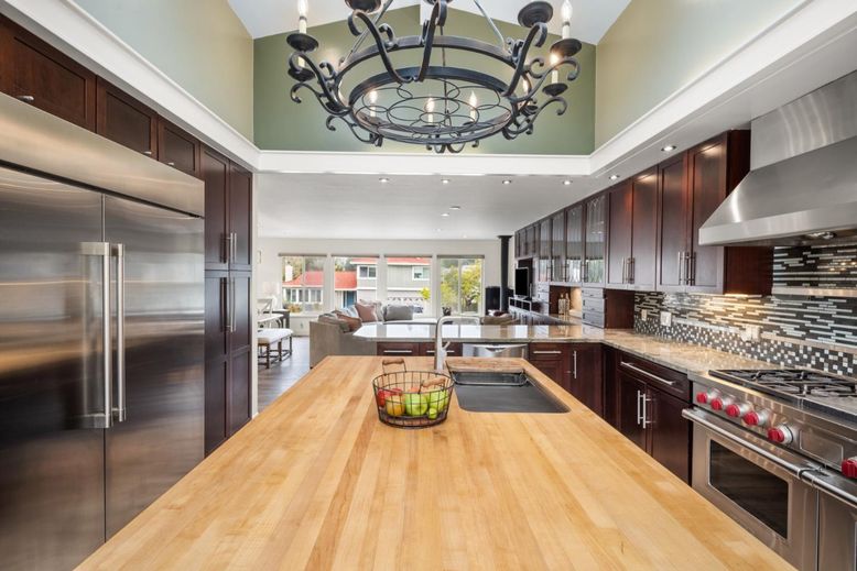 Chandelier, Interior, Kitchen, Living room, Recessed Lighting, Stainless Steel Appliances, Wood Texture Flooring