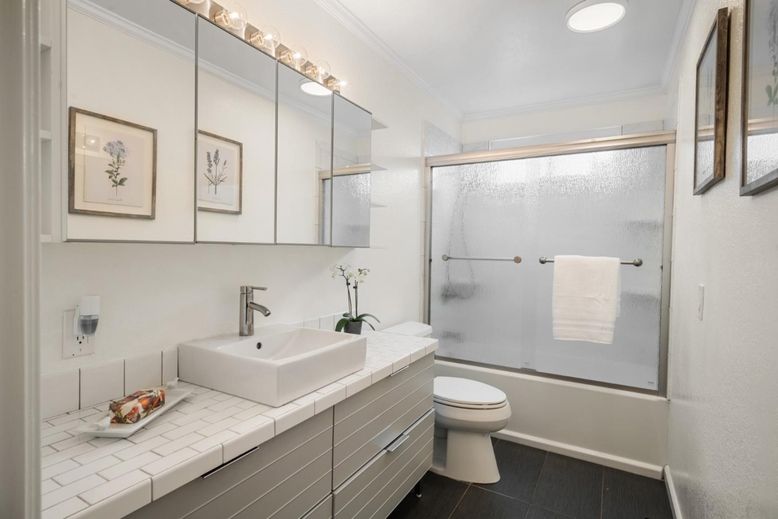 Bathroom, Glass Shower, Interior, Recessed Lighting, Tile Countertops