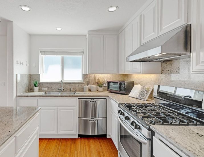 Interior, Kitchen, Recessed Lighting, Stainless Steel Appliances, Wood Texture Flooring