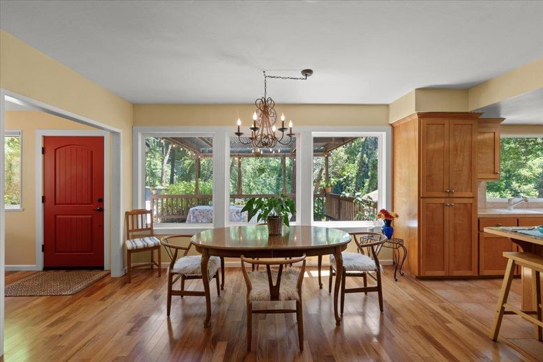 Chandelier, Dining room, Interior, Wood Texture Flooring