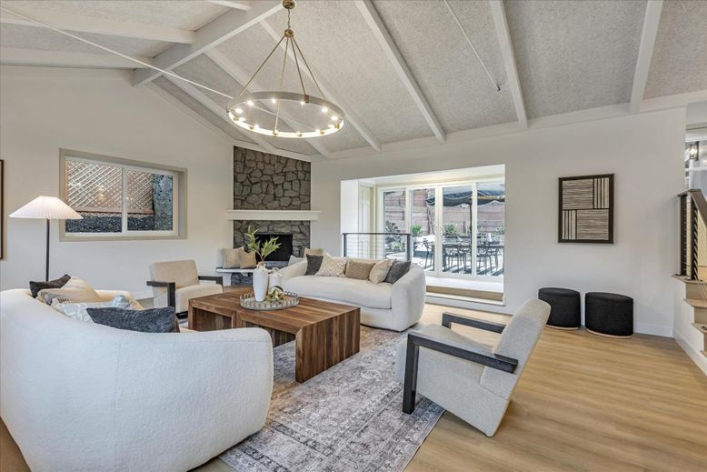 Fireplace, Interior, Living room, Pendant Lights, Stone Walls, Wood Texture Flooring