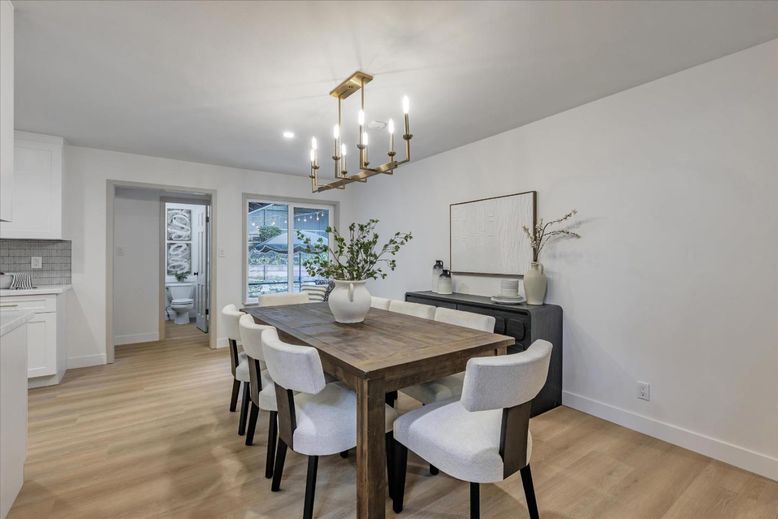Dining room, Interior, Pendant Lights, Recessed Lighting, Wood Texture Flooring