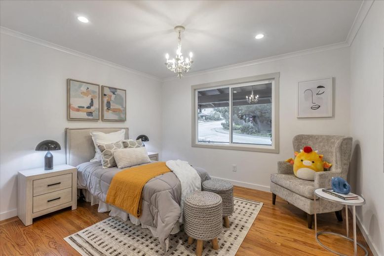 Bedroom, Chandelier, Interior, Recessed Lighting, Wood Texture Flooring