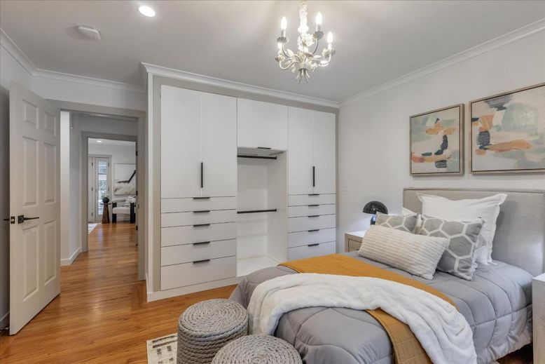 Bedroom, Chandelier, Interior, Recessed Lighting, Wood Texture Flooring