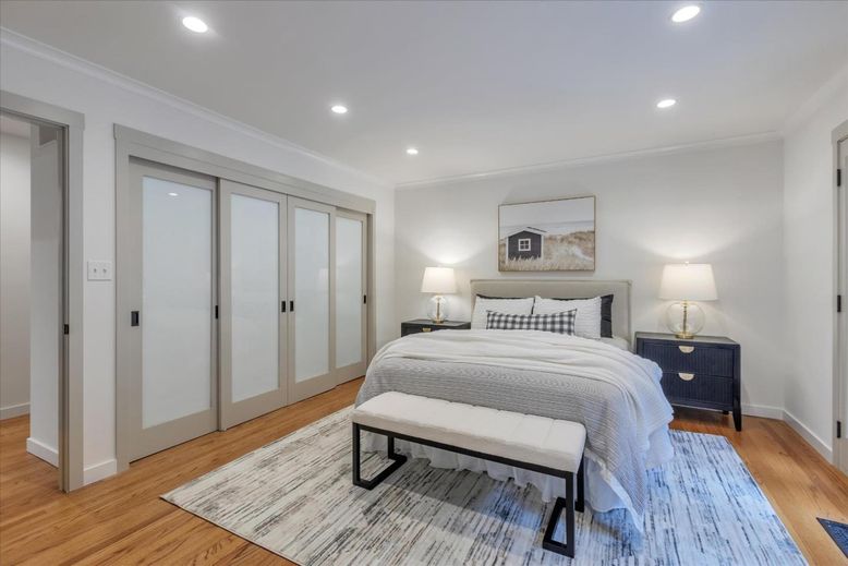 Bedroom, Interior, Recessed Lighting, Wood Texture Flooring