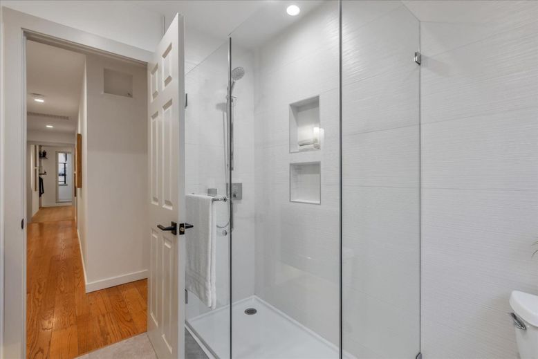 Bathroom, Glass Shower, Interior, Recessed Lighting, Wood Texture Flooring