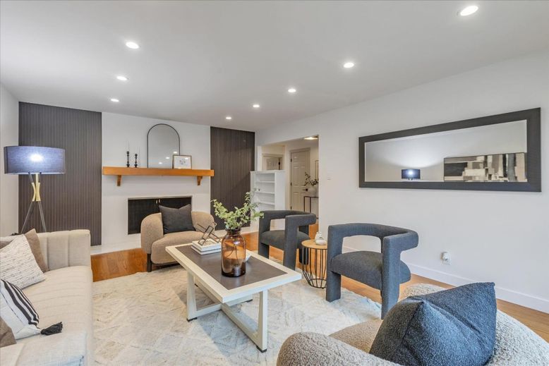 Fireplace, Interior, Living room, Recessed Lighting, Wood Texture Flooring