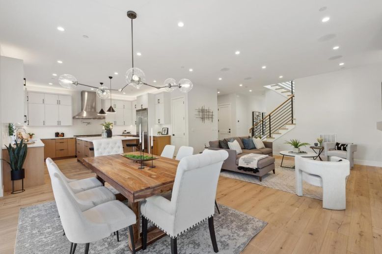 Dining room, Interior, Kitchen, Living room, Pendant Lights, Recessed Lighting, Stainless Steel Appliances, Wood Texture Flooring