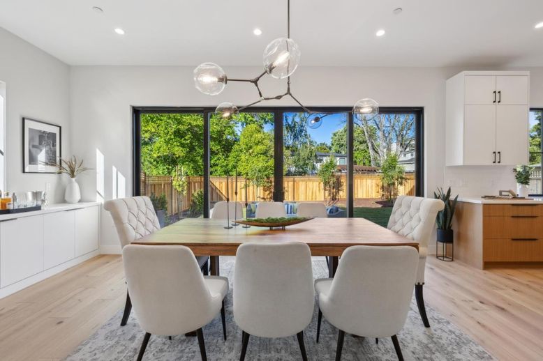 Dining room, Interior, Pendant Lights, Recessed Lighting, Wood Texture Flooring
