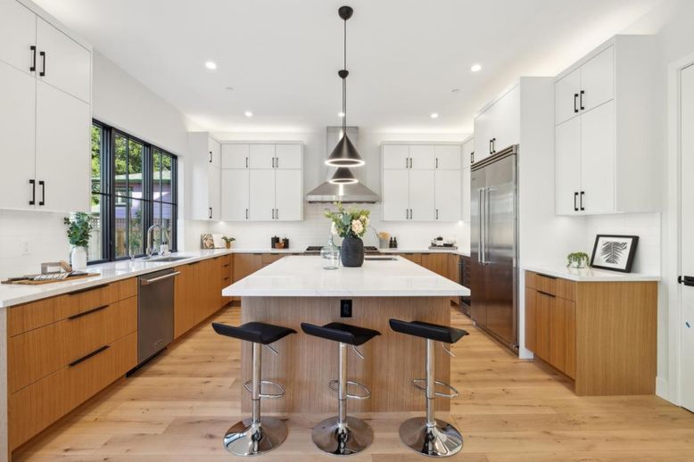 Interior, Kitchen, Pendant Lights, Recessed Lighting, Stainless Steel Appliances, Wood Texture Flooring
