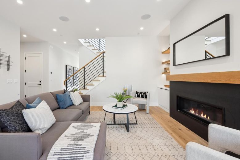 Fireplace, Interior, Living room, Recessed Lighting, Wood Texture Flooring