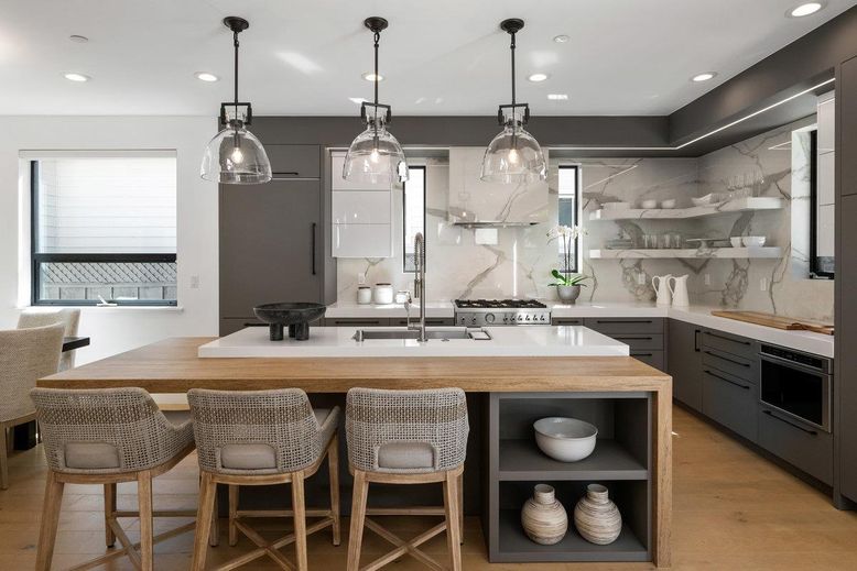 Interior, Kitchen, Marble Walls, Pendant Lights, Recessed Lighting, Stainless Steel Appliances, Wood Texture Flooring