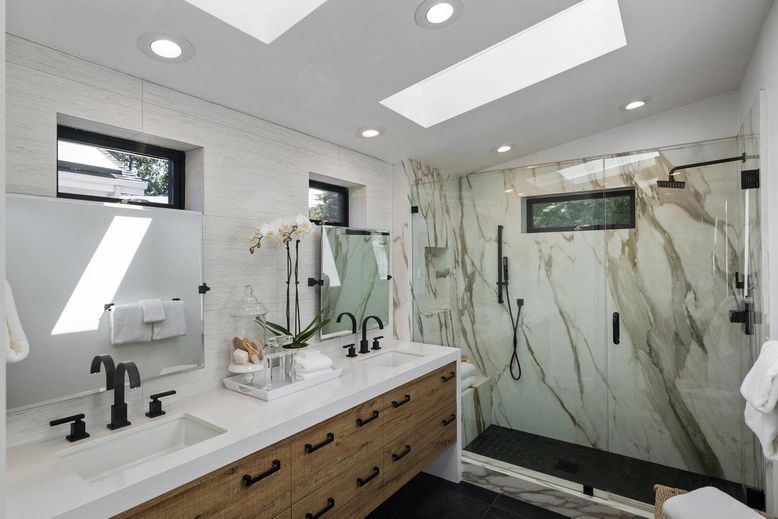 Bathroom, Dual Sink Vanities, Glass Shower, Interior, Marble Walls, Recessed Lighting