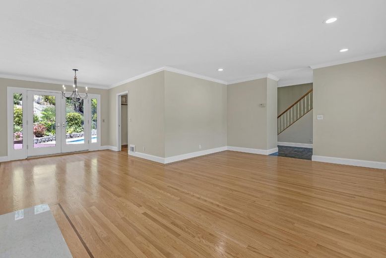 Chandelier, Empty room, Interior, Recessed Lighting, Wood Texture Flooring