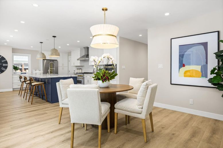 Dining room, Interior, Kitchen, Pendant Lights, Recessed Lighting, Stainless Steel Appliances, Wood Texture Flooring