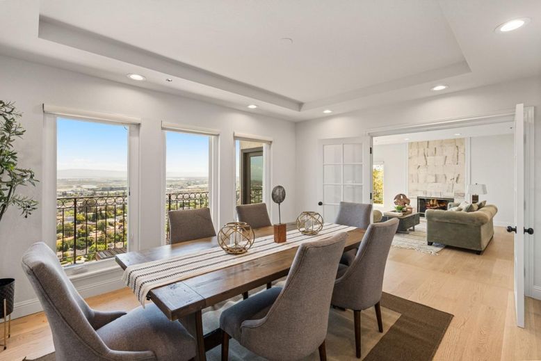 Dining room, Fireplace, Interior, Living room, Recessed Lighting, Wood Texture Flooring