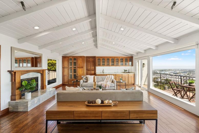 Fireplace, Interior, Living room, Recessed Lighting, Water, Wood Texture Flooring
