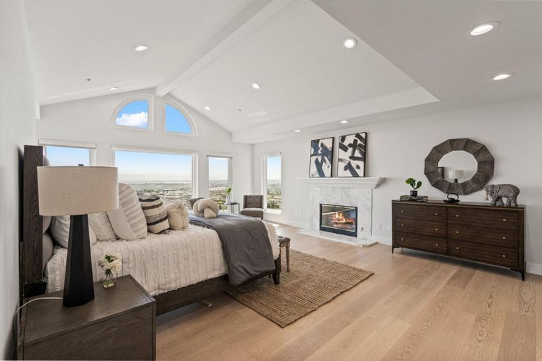 Bedroom, Fireplace, Interior, Recessed Lighting, Wood Texture Flooring