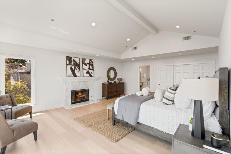Bedroom, Fireplace, Interior, Recessed Lighting, Wood Texture Flooring