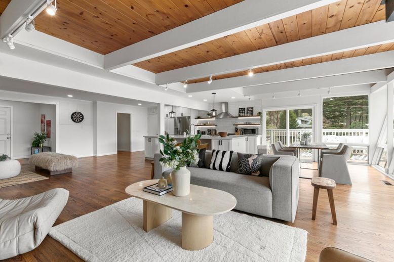 Dining room, Interior, Kitchen, Living room, Pendant Lights, Recessed Lighting, Stainless Steel Appliances, Wooden Ceilings, Wood Texture Flooring