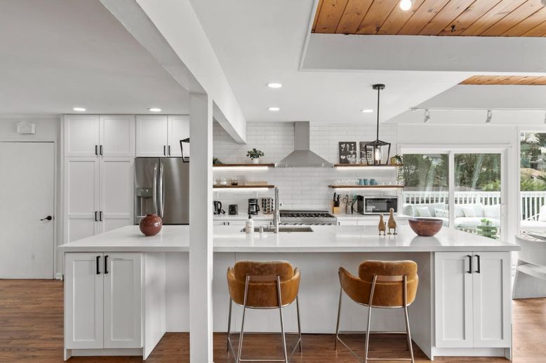 Interior, Kitchen, Pendant Lights, Recessed Lighting, Stainless Steel Appliances, Stone Walls, Wooden Ceilings, Wood Texture Flooring