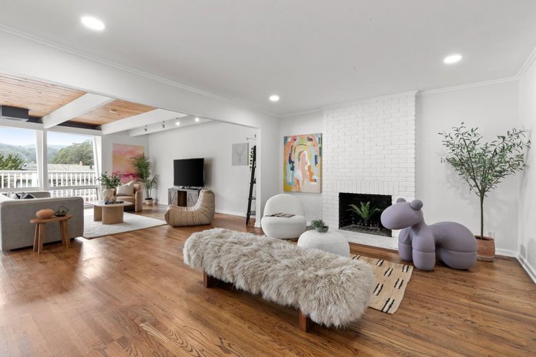Fireplace, Interior, Living room, Recessed Lighting, Stone Walls, Wooden Ceilings, Wood Texture Flooring