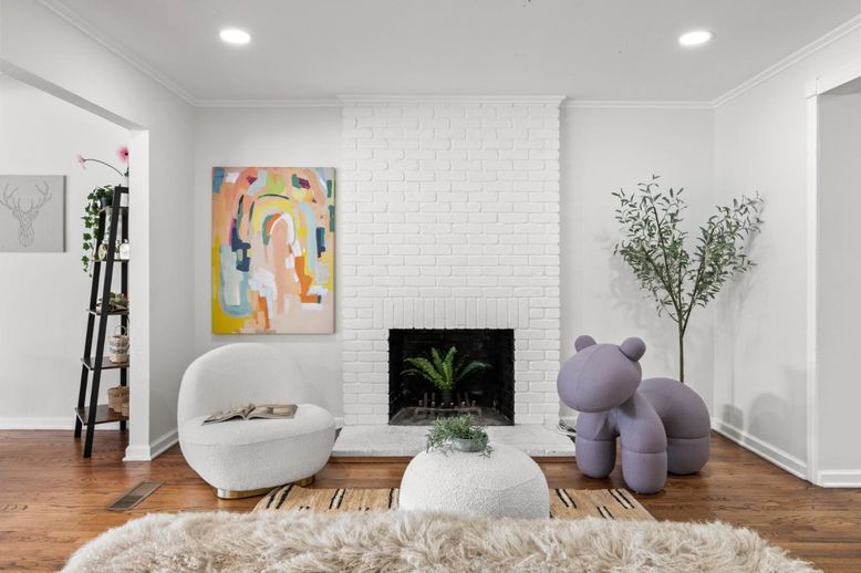 Fireplace, Interior, Living room, Recessed Lighting, Stone Walls, Wood Texture Flooring