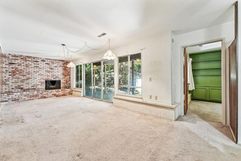 Empty room, Fireplace, Interior, Pendant Lights, Stone Walls