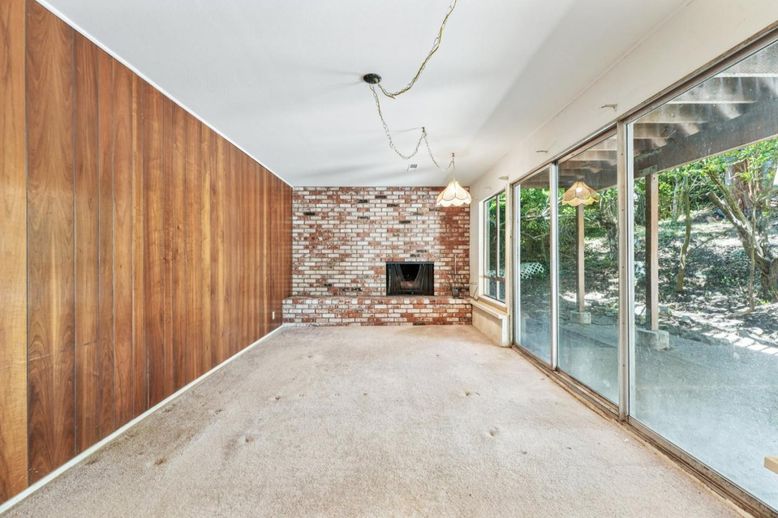 Empty room, Fireplace, Interior, Stone Walls, Wooden Walls
