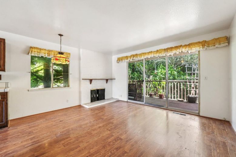 Empty room, Fireplace, Interior, Pendant Lights, Wood Texture Flooring