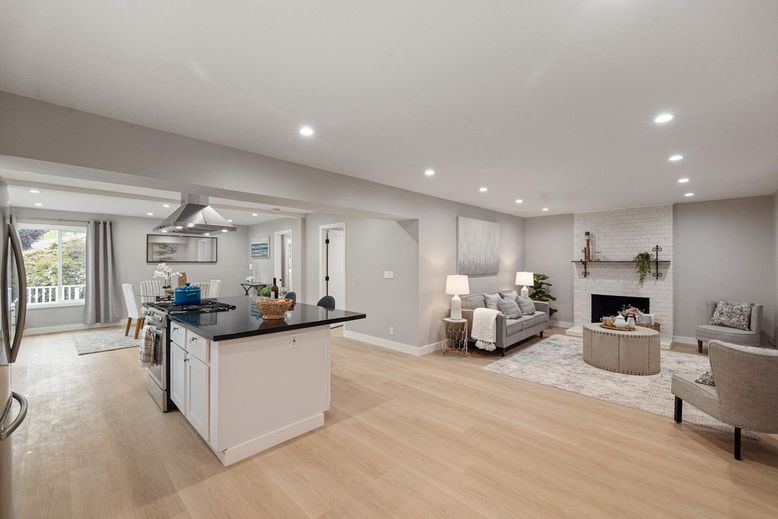 Dining room, Fireplace, Interior, Kitchen, Living room, Recessed Lighting, Stone Walls, Wood Texture Flooring
