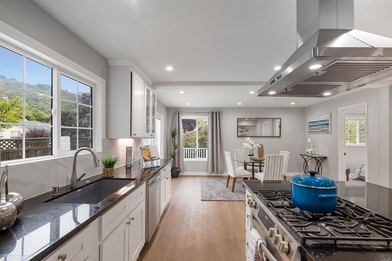 Dining room, Interior, Kitchen, Recessed Lighting, Stainless Steel Appliances, Wood Texture Flooring