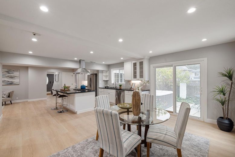 Dining room, Interior, Kitchen, Recessed Lighting, Stainless Steel Appliances, Wood Texture Flooring