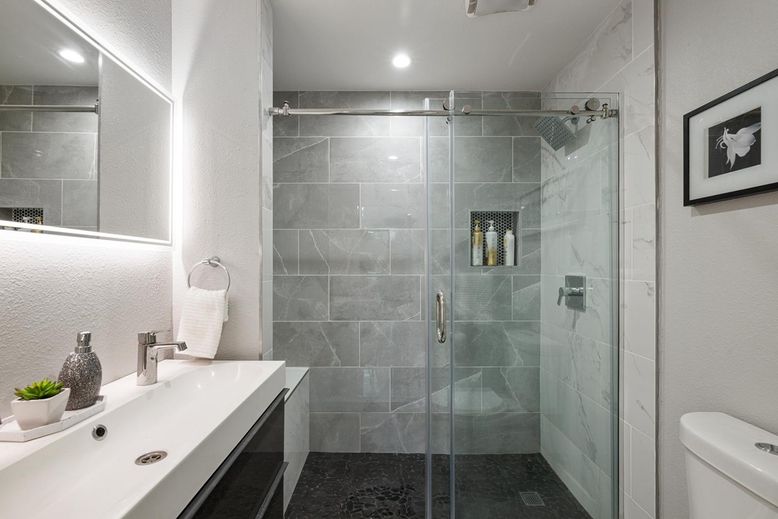 Bathroom, Glass Shower, Interior, Marble Walls, Recessed Lighting