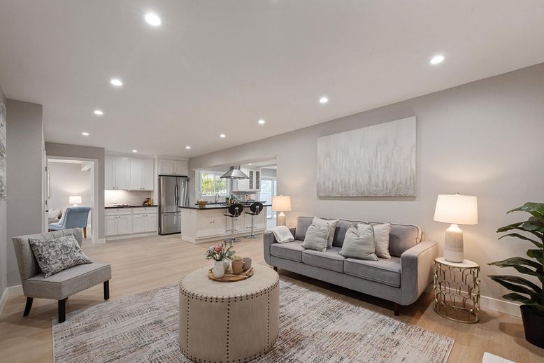 Interior, Kitchen, Living room, Recessed Lighting, Stainless Steel Appliances, Wood Texture Flooring