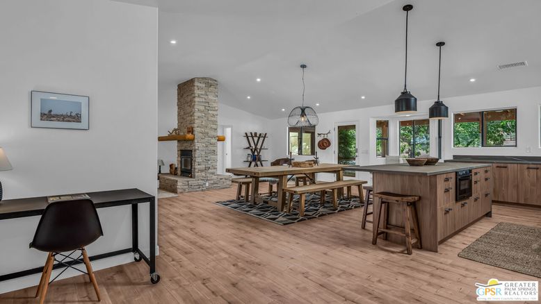 Dining room, Fireplace, Interior, Kitchen, Pendant Lights, Recessed Lighting, Wood Texture Flooring