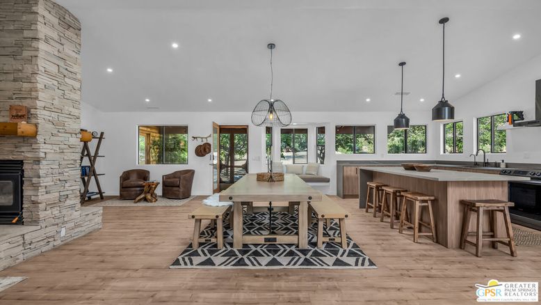 Dining room, Fireplace, Interior, Kitchen, Pendant Lights, Recessed Lighting, Stone Walls, Wood Texture Flooring