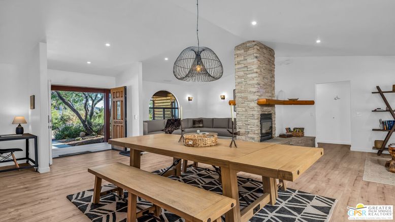 Dining room, Fireplace, Interior, Pendant Lights, Recessed Lighting, Wood Texture Flooring