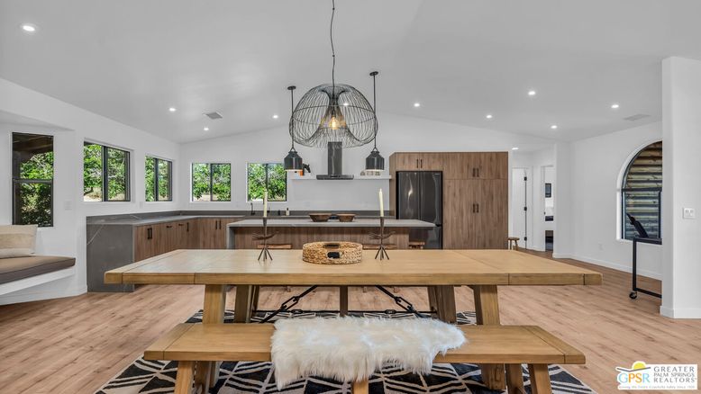 Dining room, Interior, Kitchen, Pendant Lights, Recessed Lighting, Wood Texture Flooring