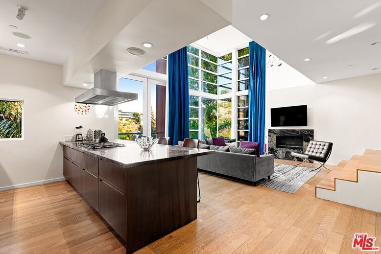 Fireplace, Interior, Kitchen, Living room, Recessed Lighting, Wood Texture Flooring