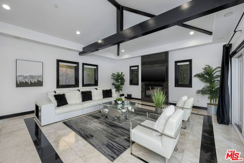Fireplace, Interior, Living room, Recessed Lighting, Wooden Beams